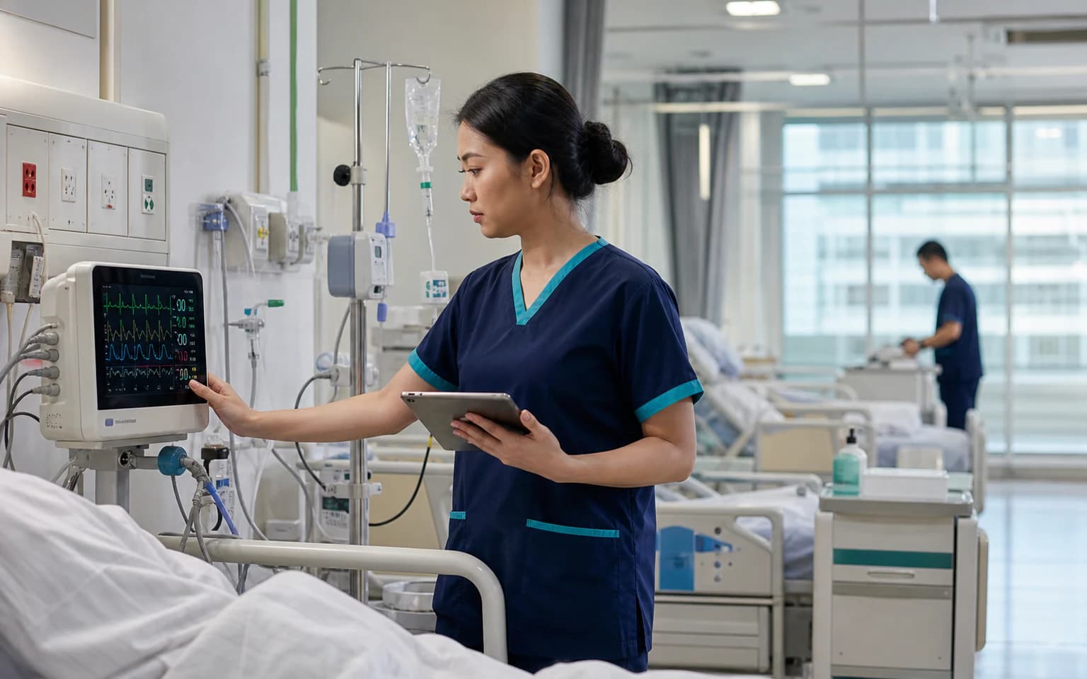 Illustrative clinician reviewing connected patient-monitoring information in a hospital ward
