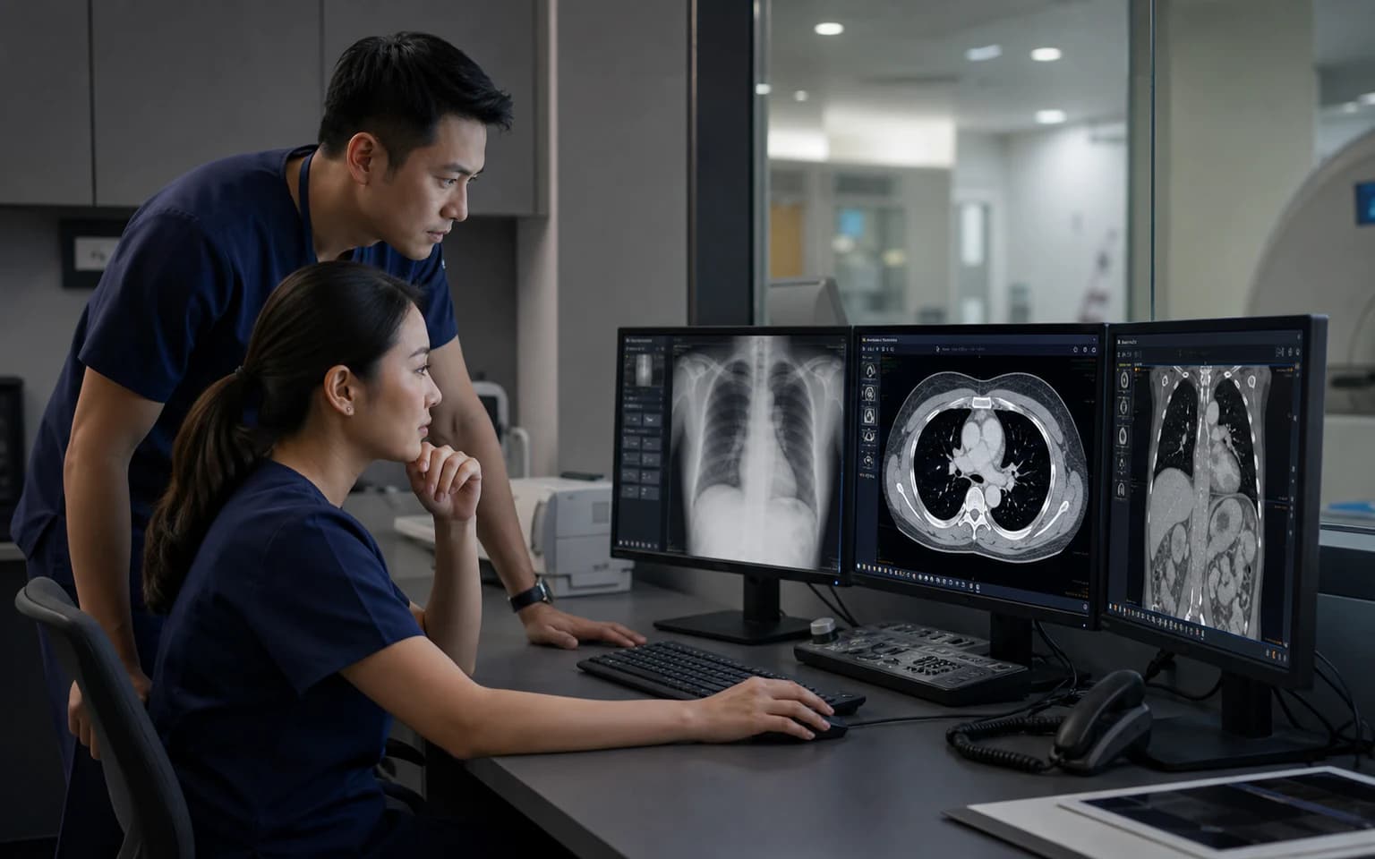 Illustrative radiologists reviewing anonymised studies at a diagnostic workstation