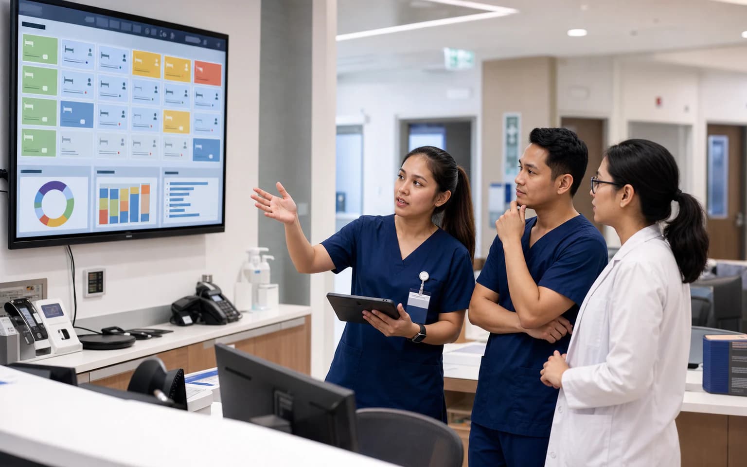 Illustrative clinical team coordinating connected ward operations in a contemporary hospital